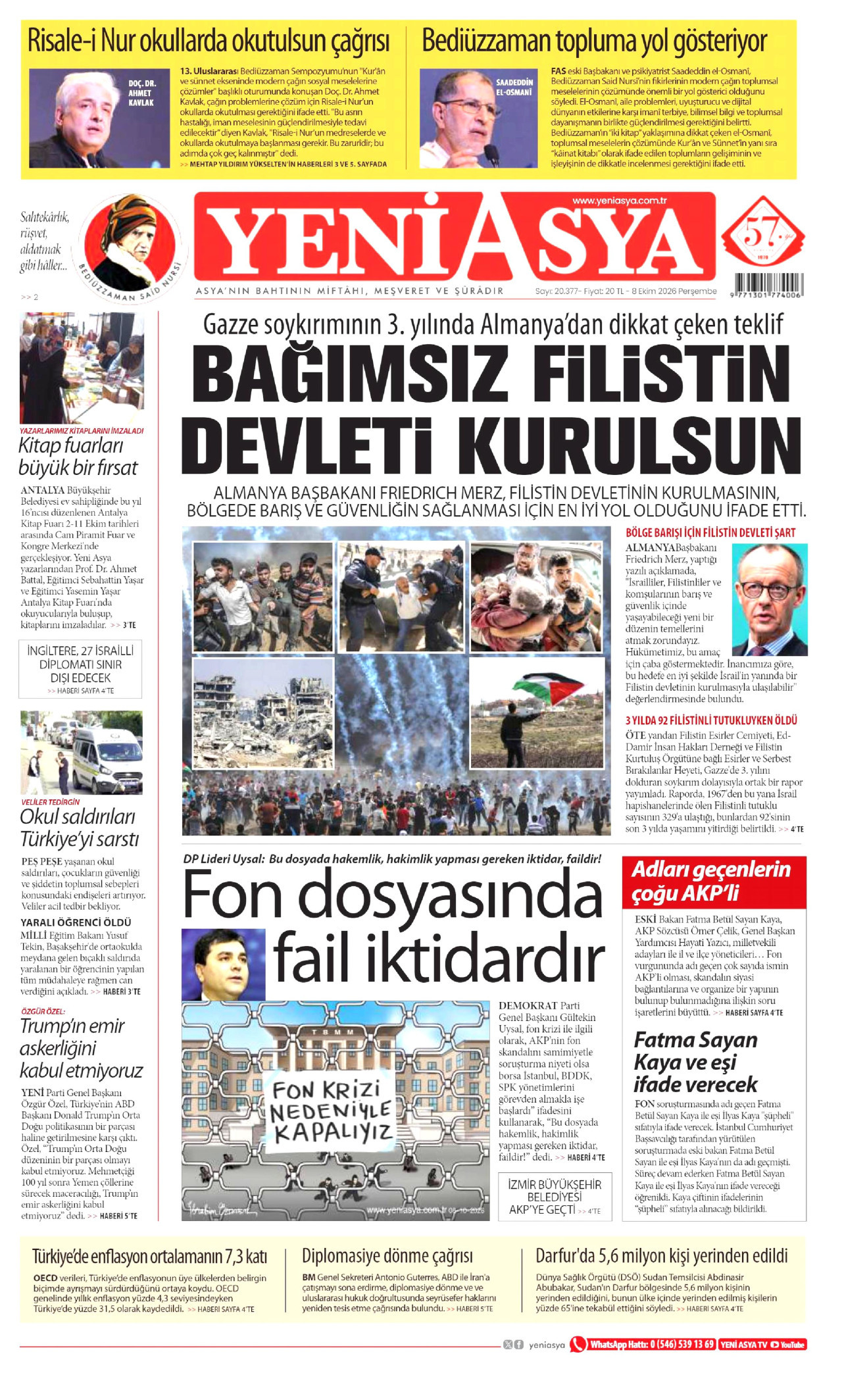YENİ ASYA gazetesinin 8 Ekim 2026 tarihli birinci sayfası