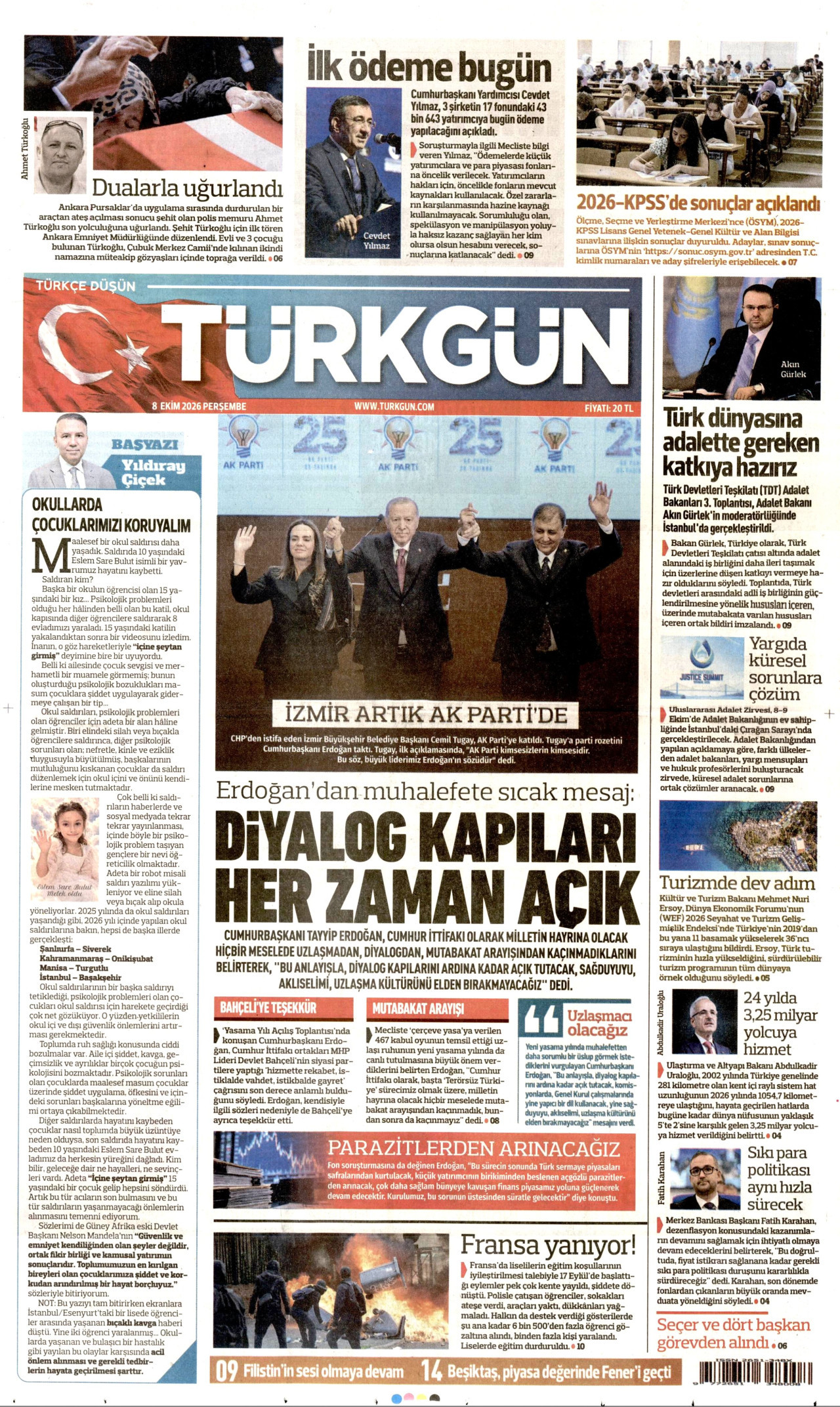 TÜRKGÜN gazetesinin 8 Ekim 2026 tarihli birinci sayfası