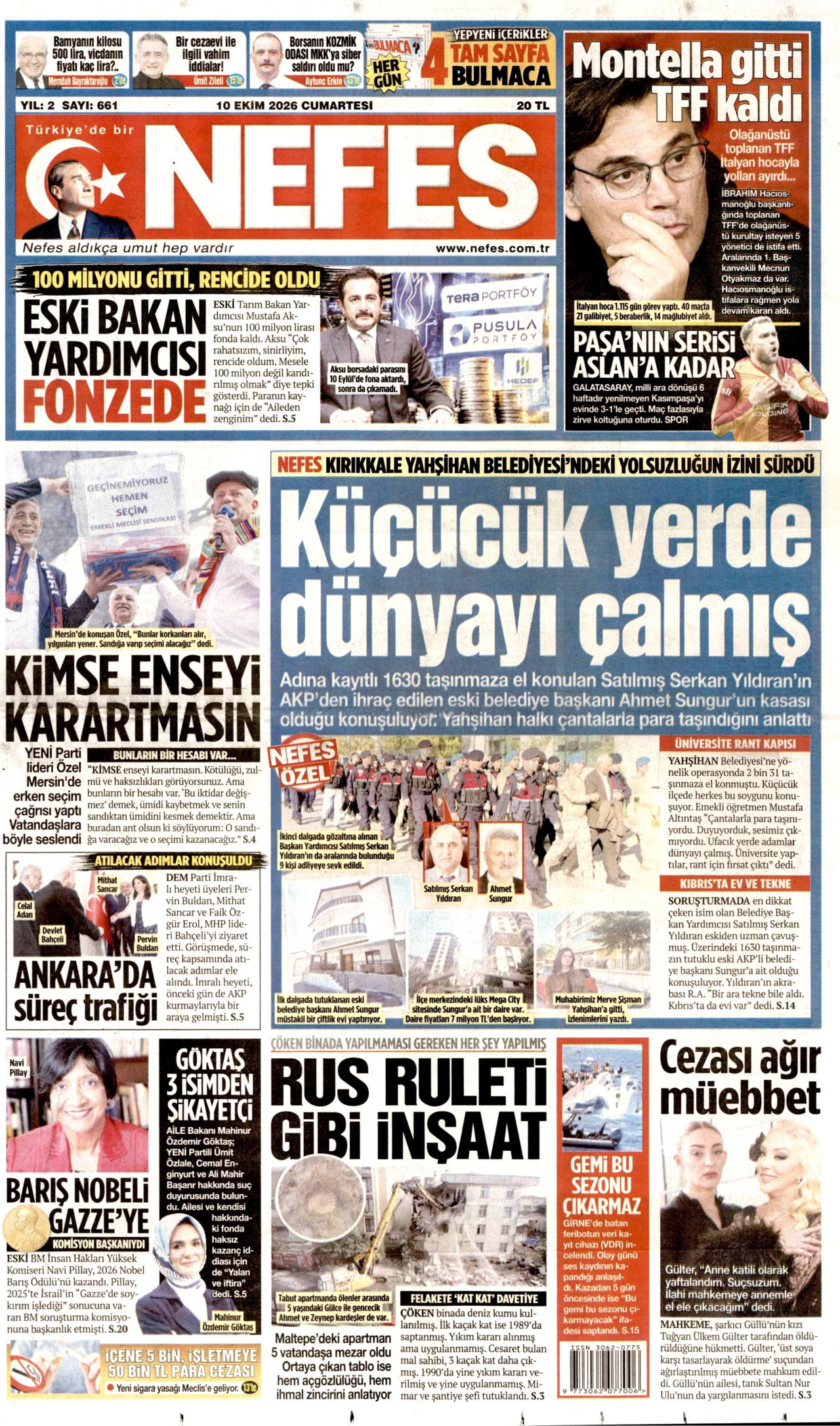 NEFES gazetesinin 10 Ekim 2026 tarihli birinci sayfası